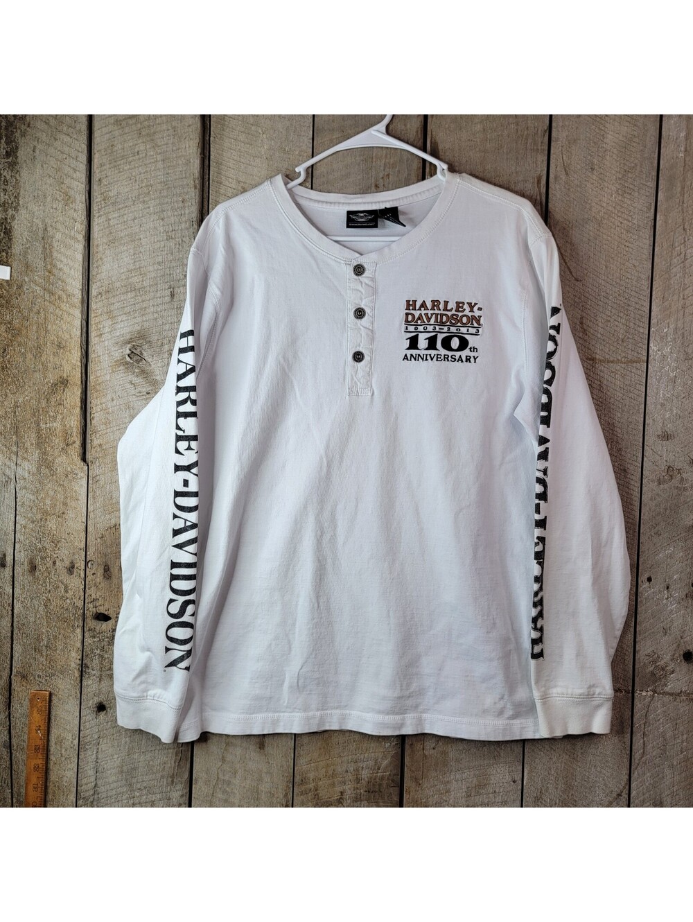 Harley Davidson 110th Anniversary Henley Shirt Mens L Long Sleeve White